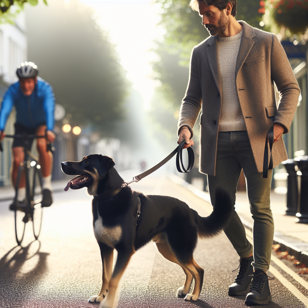 Owner and mixed-breed dog demonstrating leash neutrality on a quiet UK high street