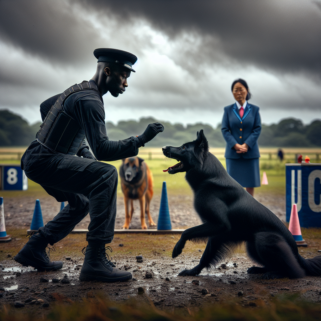 Handler and working dog practising calm IGP ring entry at a field gate with a judge nearby