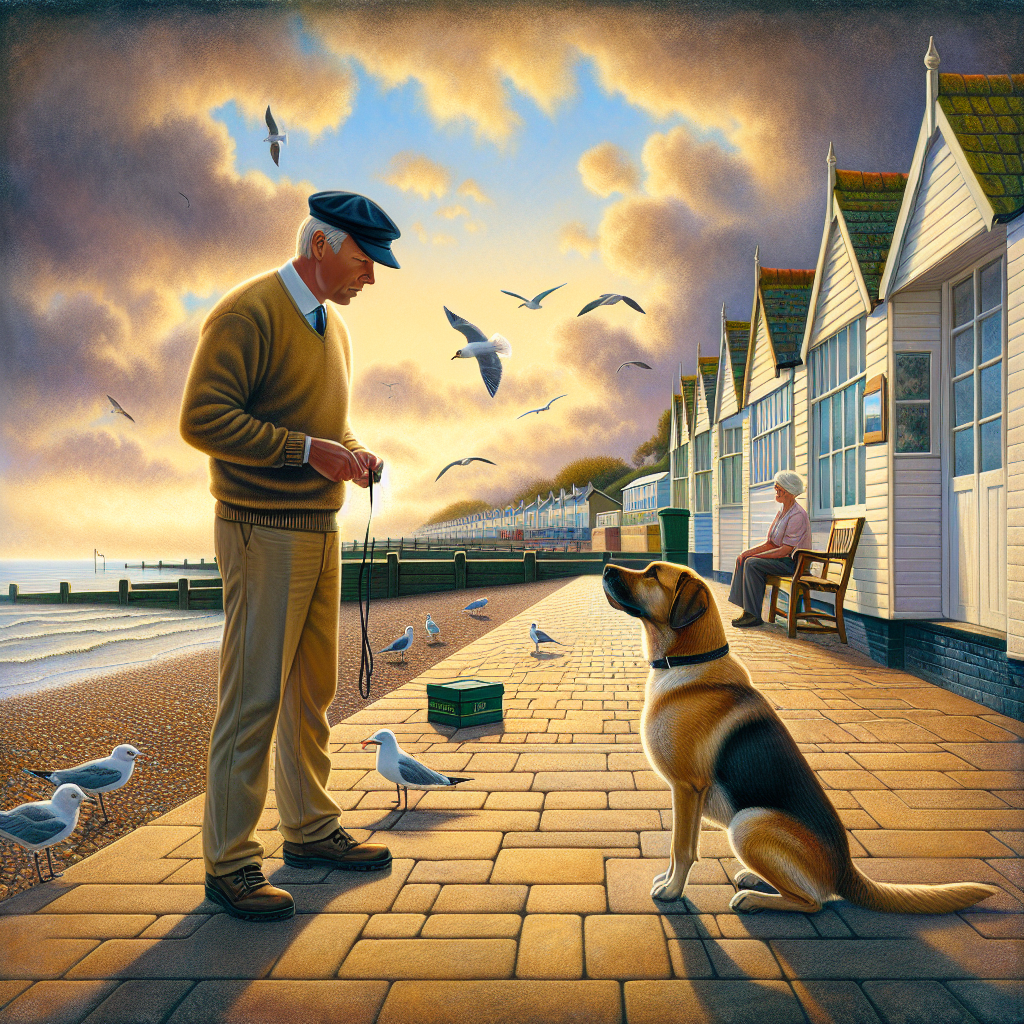 UK dog trainer rewarding a focused sit on a seaside promenade with beach huts and calm waves in the background