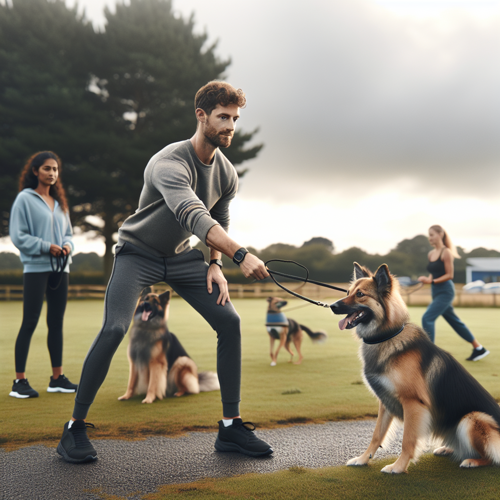Trainer running a controlled loose lead walking setup with a shepherd mix near a calm dog at distance