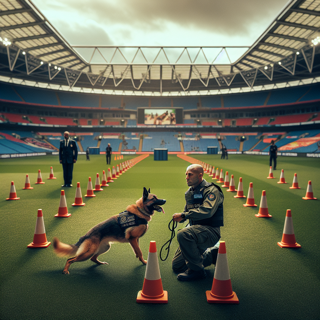 Handler and working dog rehearsing updated IGP heeling pattern with judge and helper in a UK field