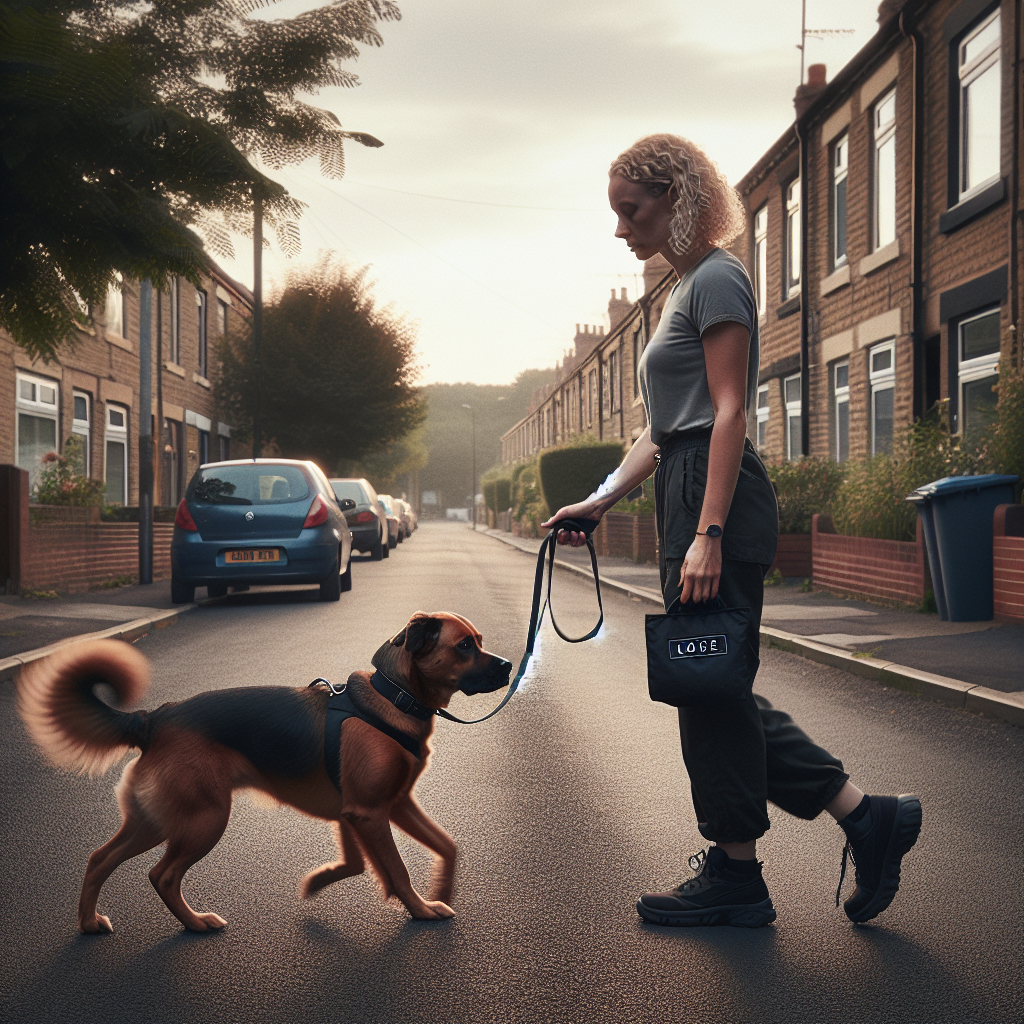 Trainer practising loose lead walking with a focused mixed breed dog on a quiet Doncaster street