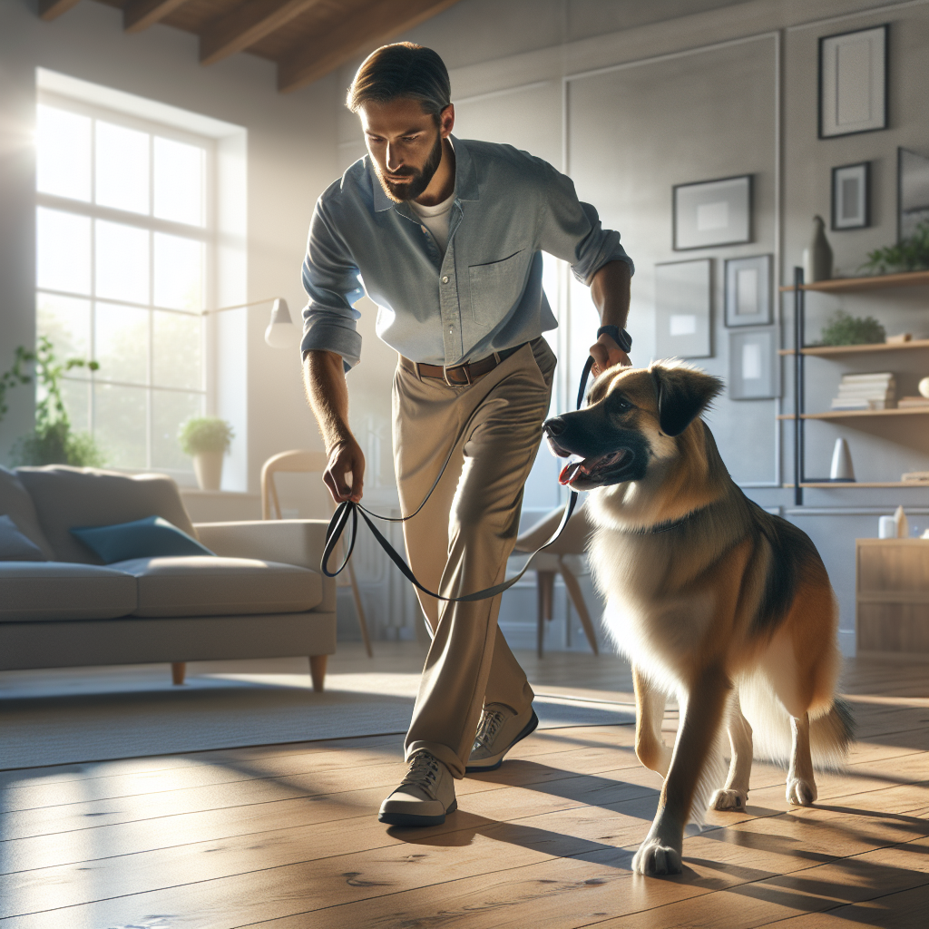 Trainer guiding a dog on a loose lead during an indoor session with rewards and focus