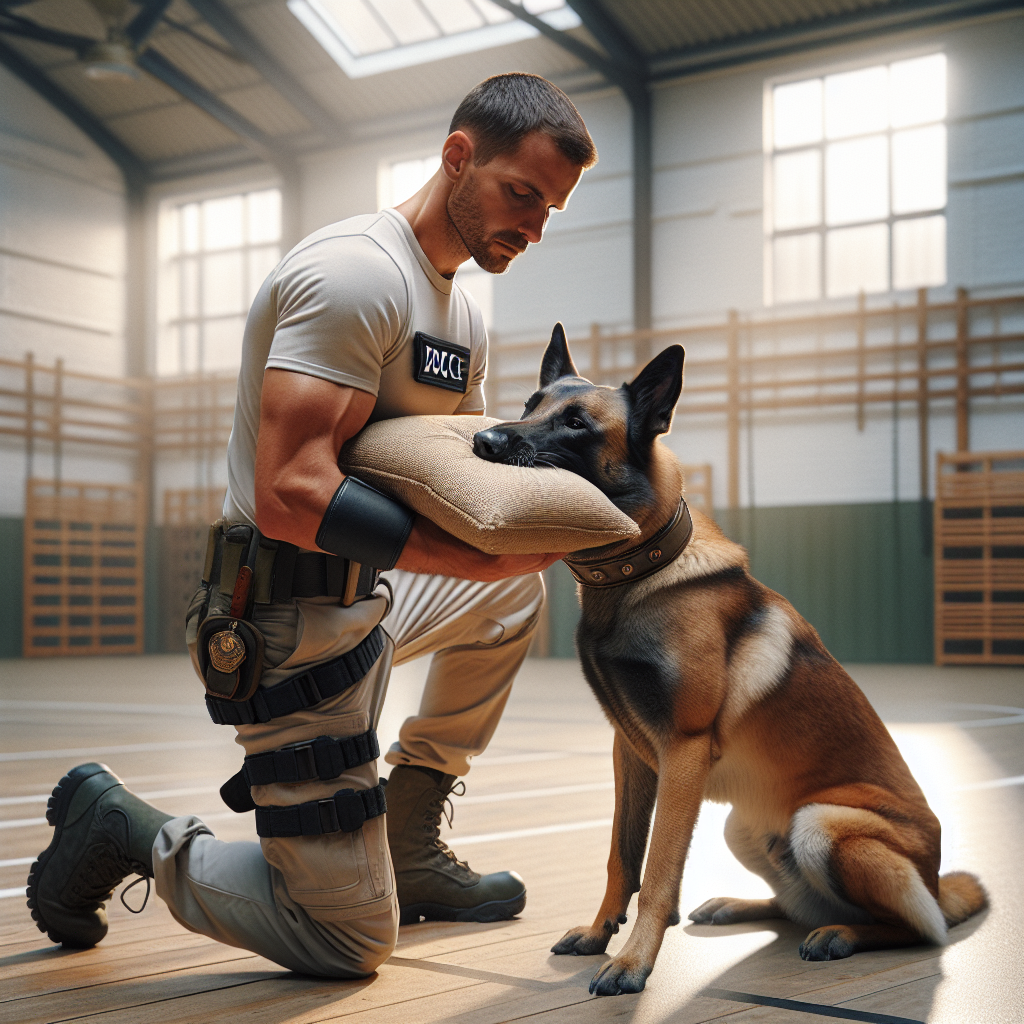 Trainer coaching a Malinois to hold a bite pillow calmly using clear markers in a UK training hall