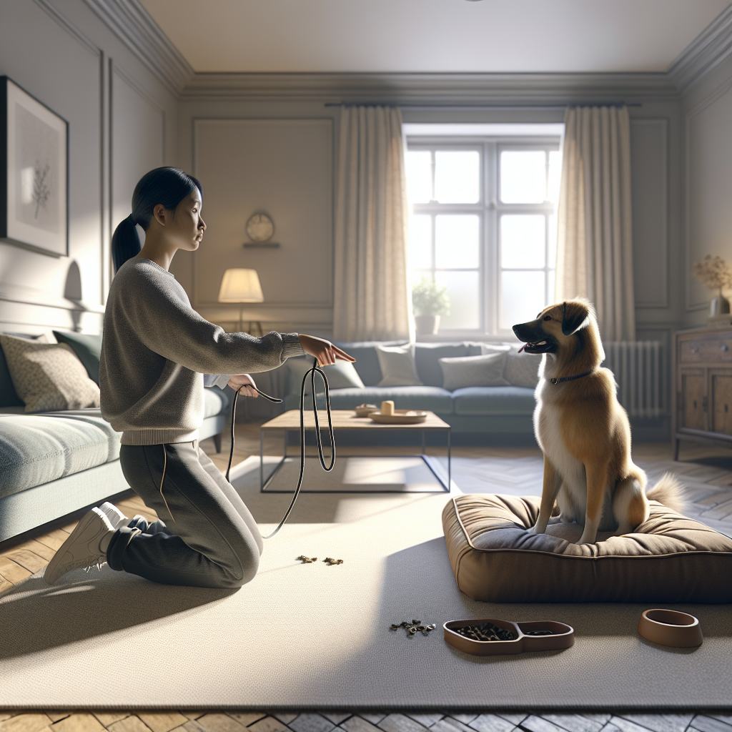 Trainer guiding a calm dog onto a place bed in a UK living room to reduce trigger stacking