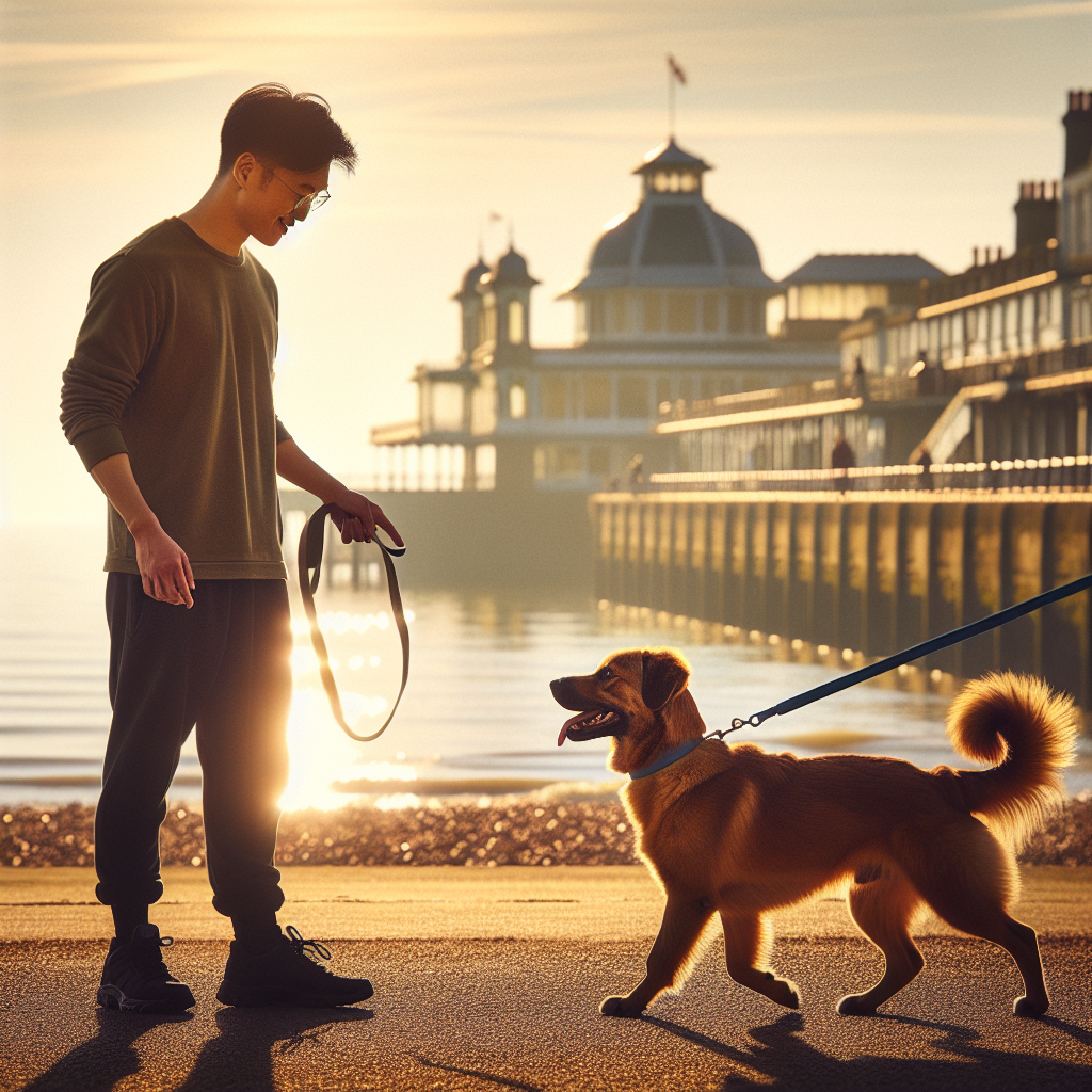 Trainer practising loose lead walking and recall with a mixed-breed dog on a Ramsgate seaside promenade at sunset