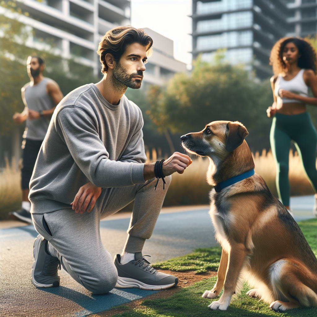 UK trainer teaching a sit cue to an attentive mixed-breed dog as joggers pass in a park
