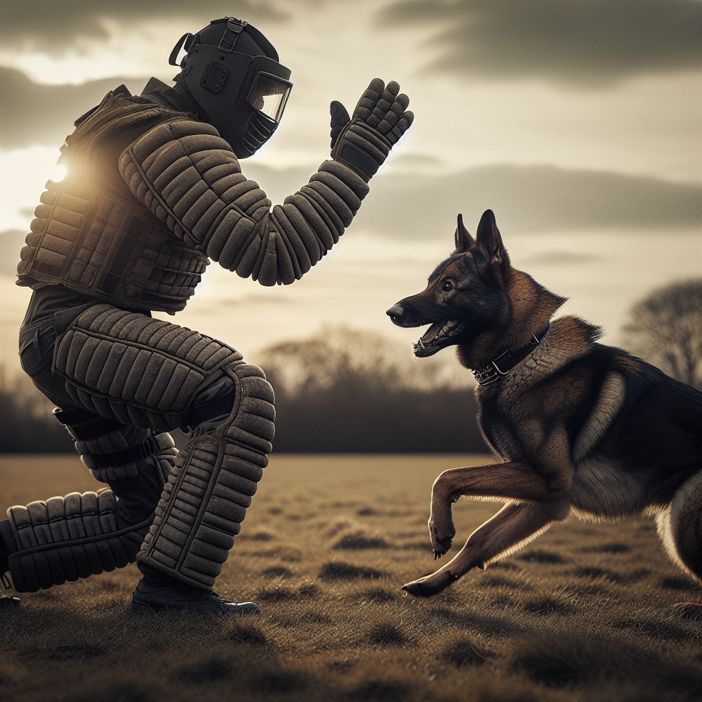 Decoy shaping a precise entry line for a German Shepherd during protection training on a UK field