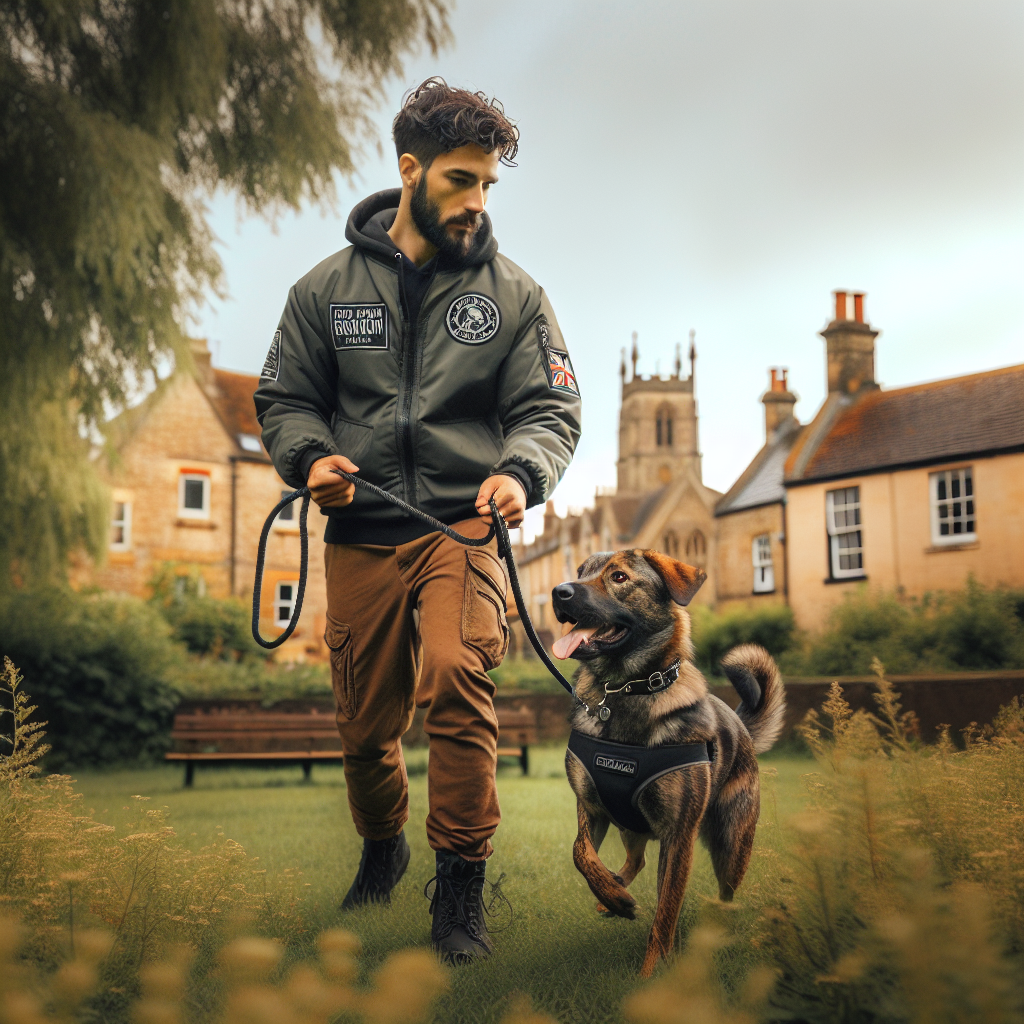 Trainer practicing recall and loose lead walking with a dog in a leafy Grantham park