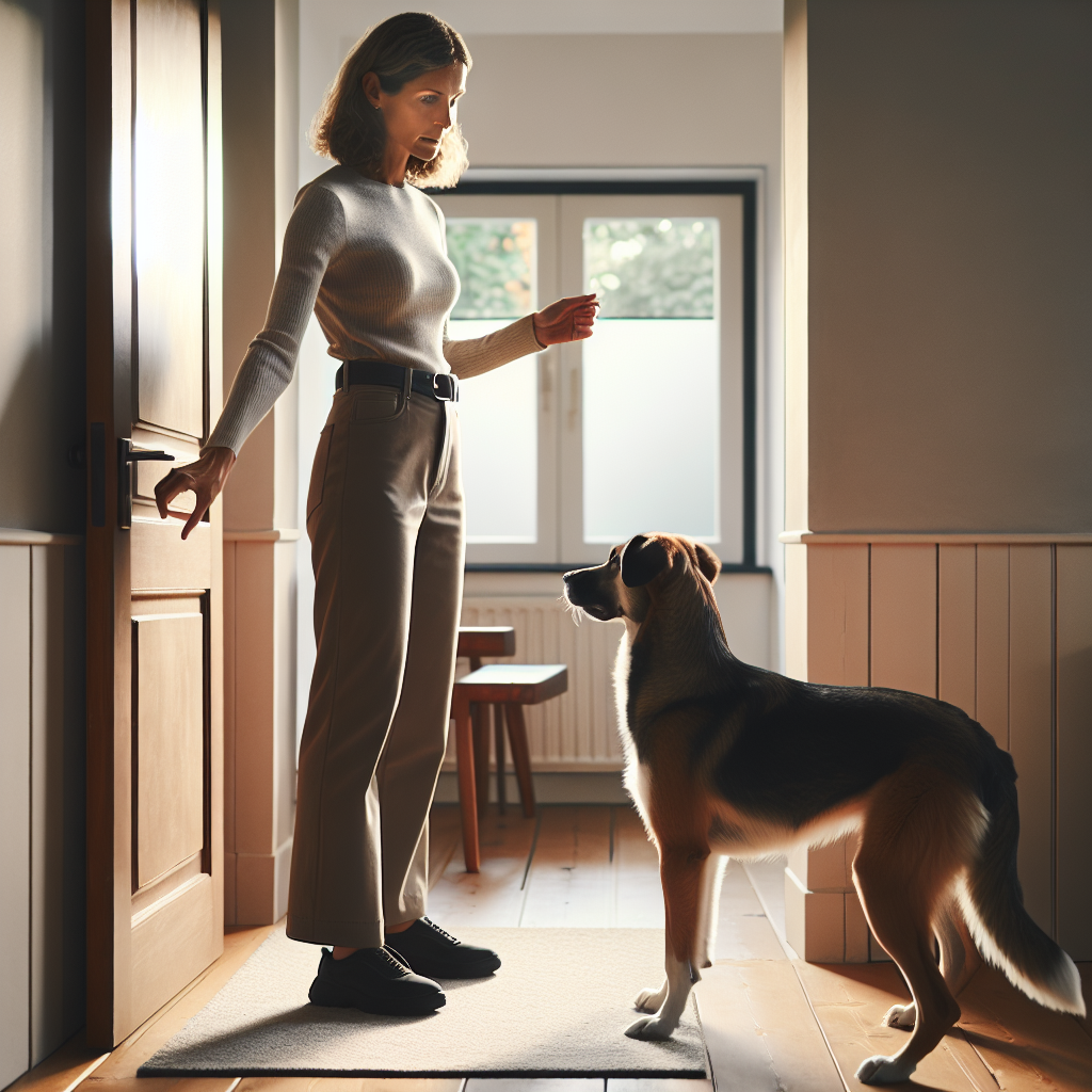 UK dog trainer teaching single cue door manners to a mixed breed dog with clear marker and reward