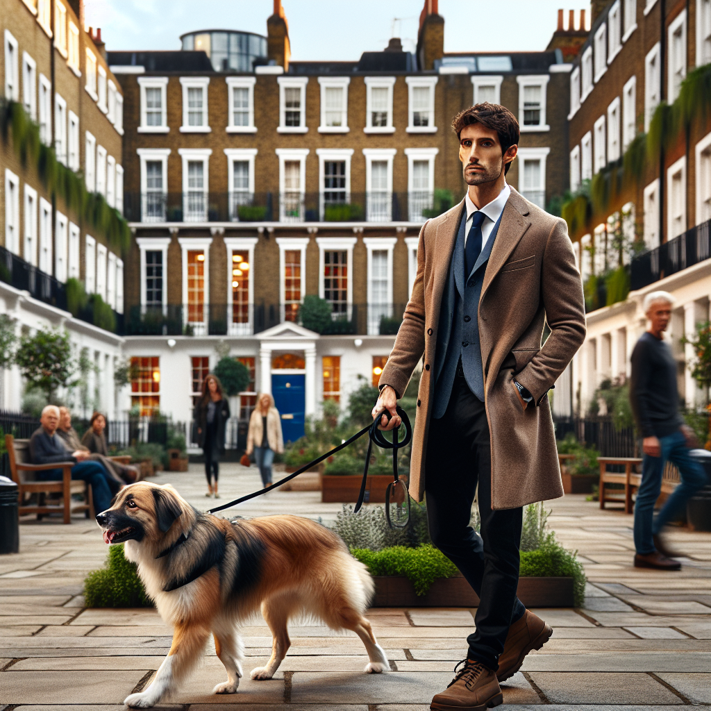 Trainer practising loose lead and recall with a focused dog in a quiet Kensington-style urban square
