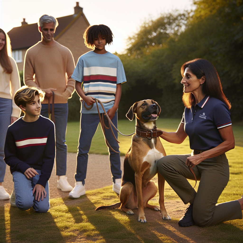 Smart trainer coaching a family on place and recall while their dog enjoys controlled freedom in a UK park