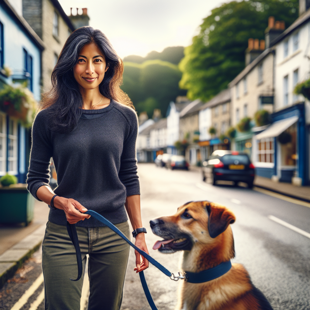Smart trainer practising loose lead walking with a mixed breed dog on a quiet Ripley high street