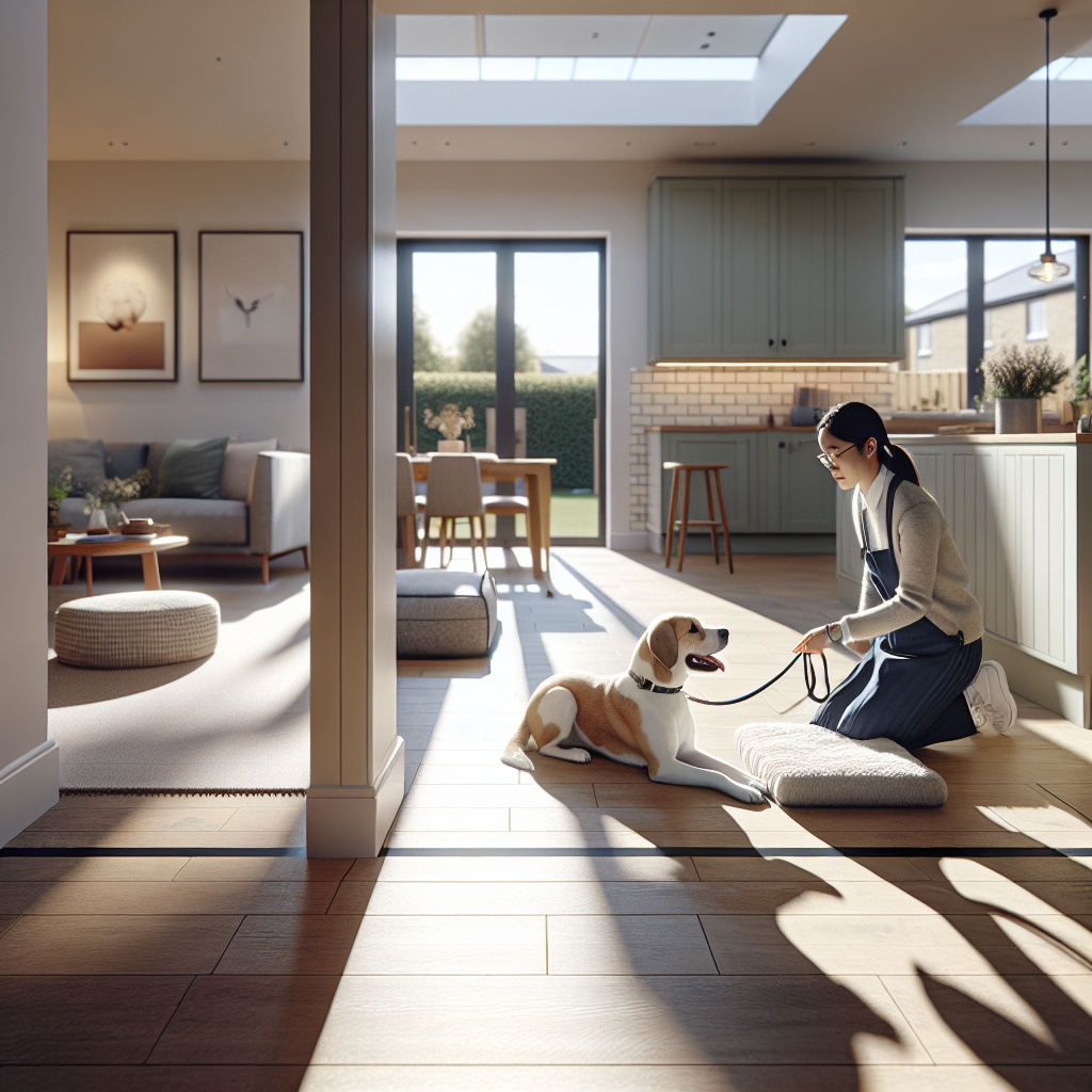 Trainer guiding a dog to relax on a station near a kitchen threshold in an open plan UK home