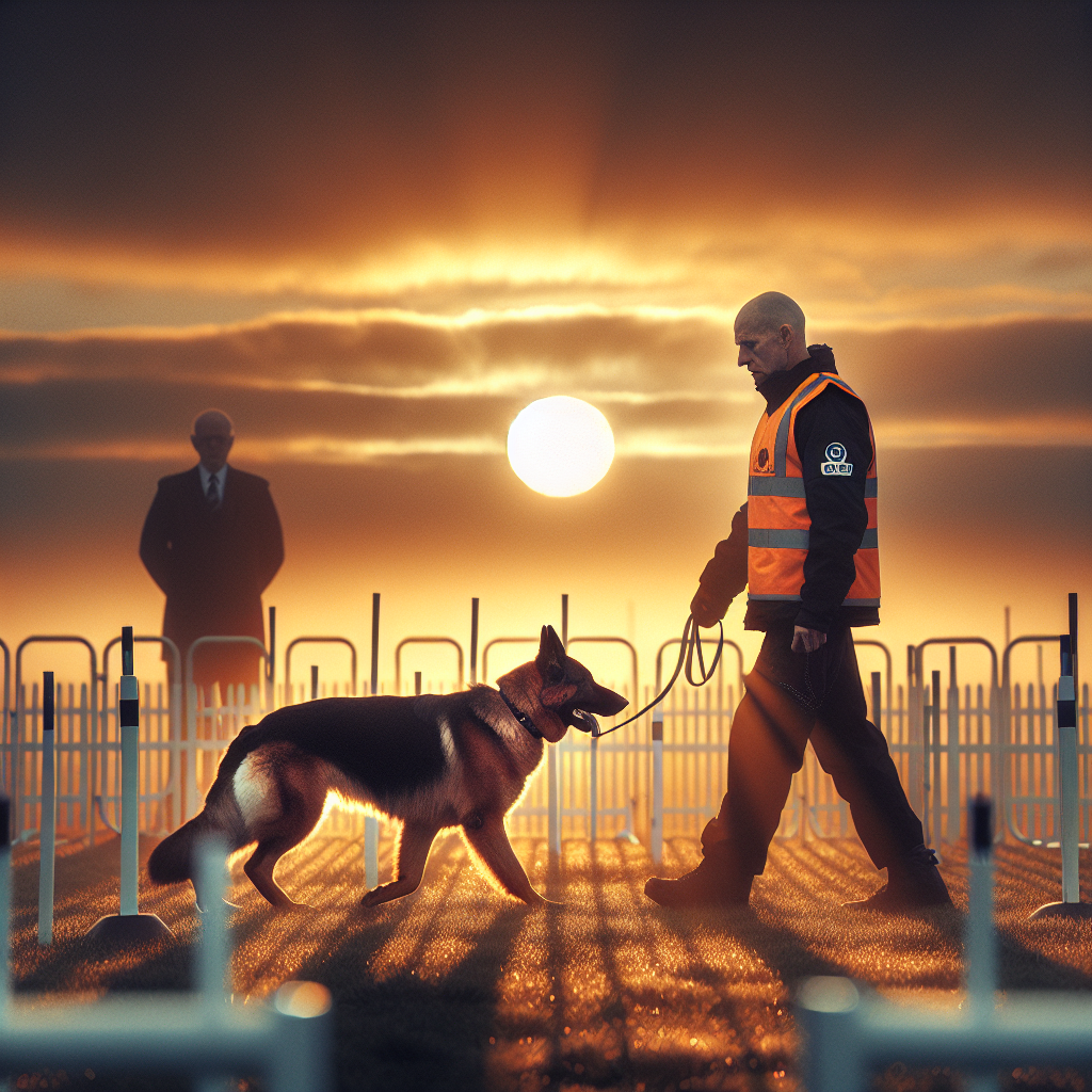 Handler and German Shepherd heeling with focus in a UK trial ring as judge and steward observe