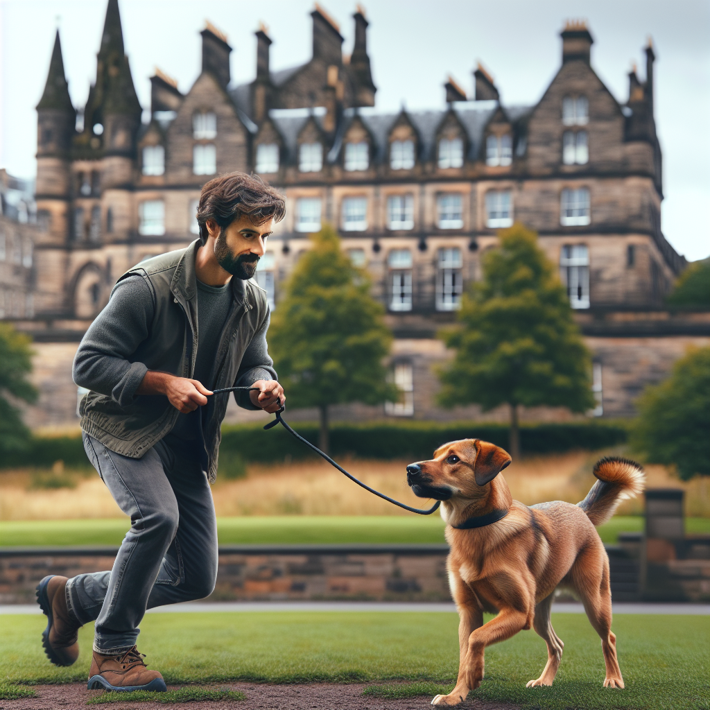 Trainer guiding a dog through heel and recall in a historic urban green space