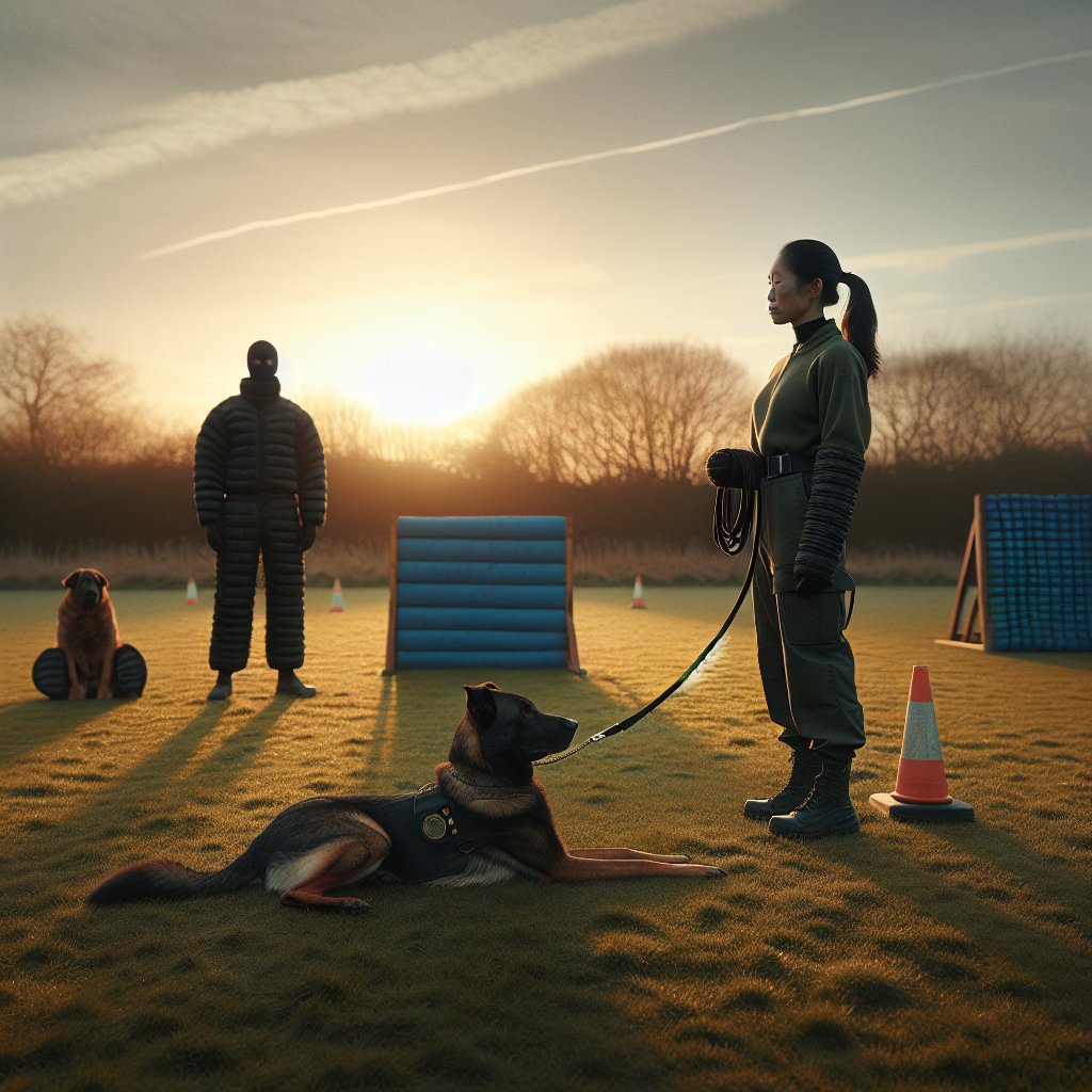 Working dog holding a calm silent down as trainer manages a long line with helper in the distance on a UK IGP field