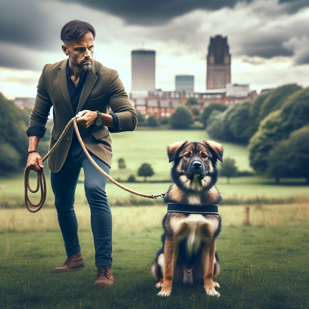 Smart Master Dog Trainer practising loose lead walking and recall with a mixed breed dog in a Derby park