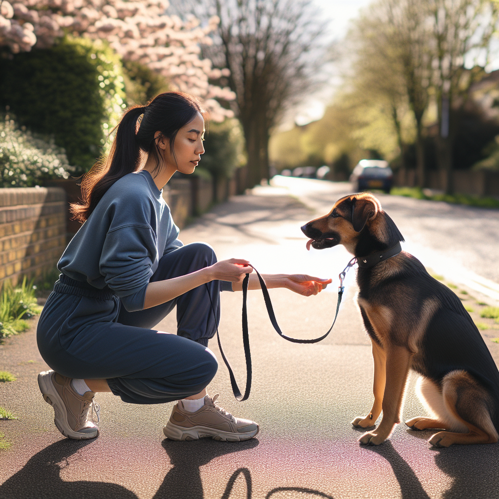 UK trainer rewarding a dog for turning away from a distraction on a quiet suburban pavement