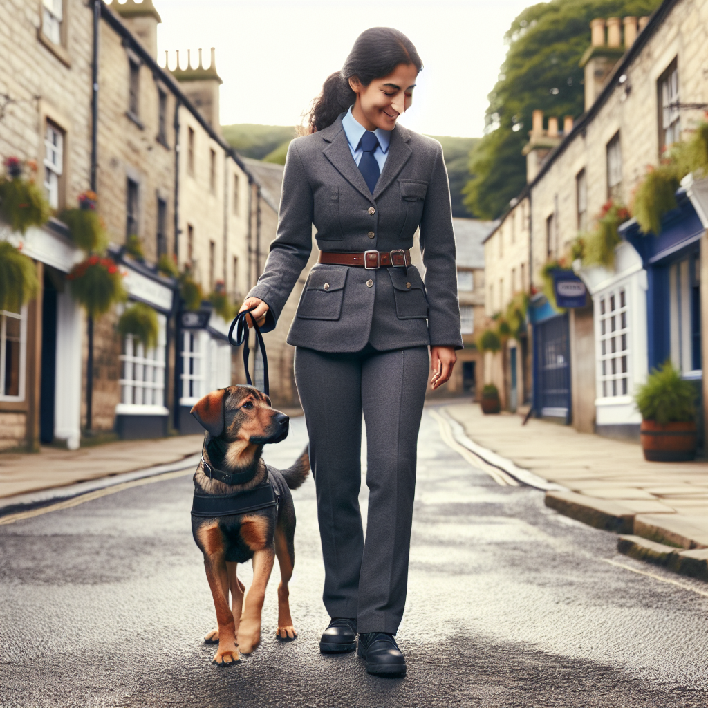 Trainer teaching loose lead walking and recall with a dog in a North Yorkshire market town street