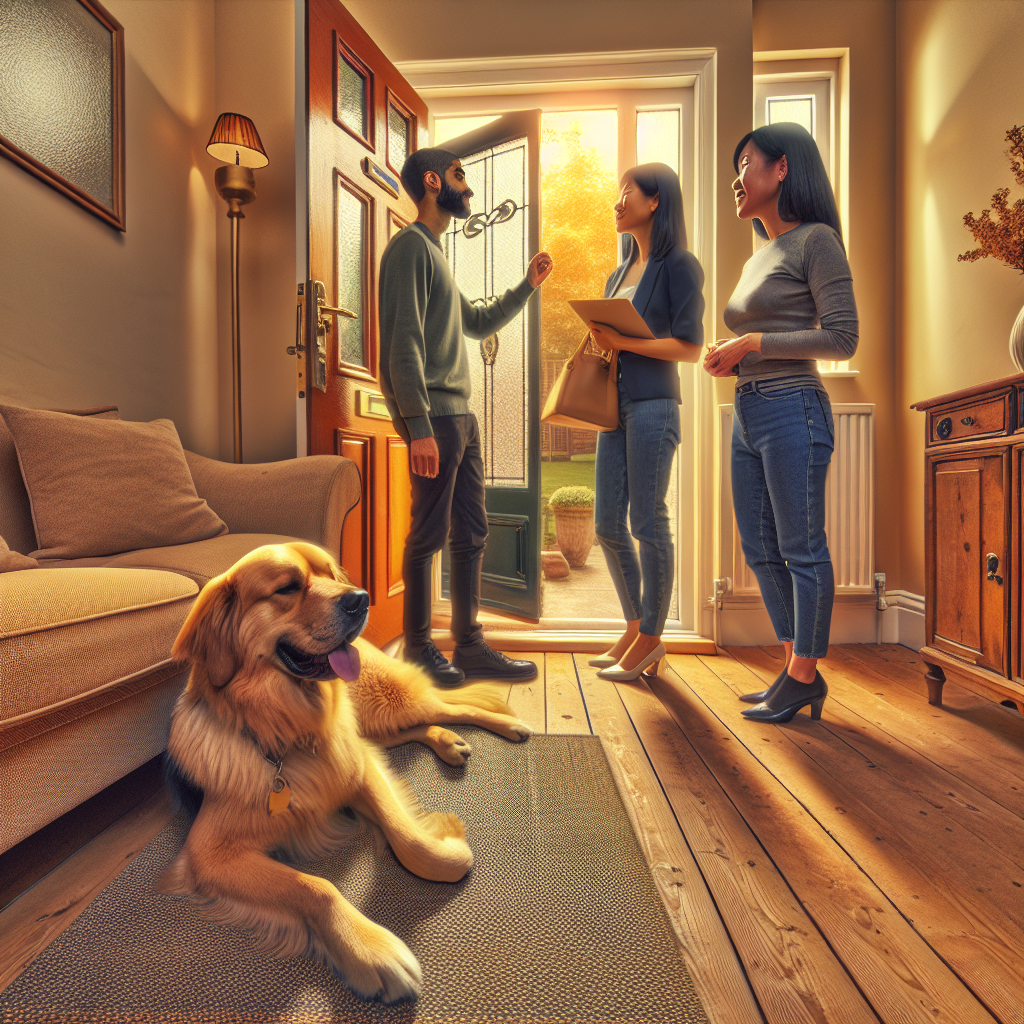 Calm dog holding Place as guests enter a UK home while a trainer coaches at the door