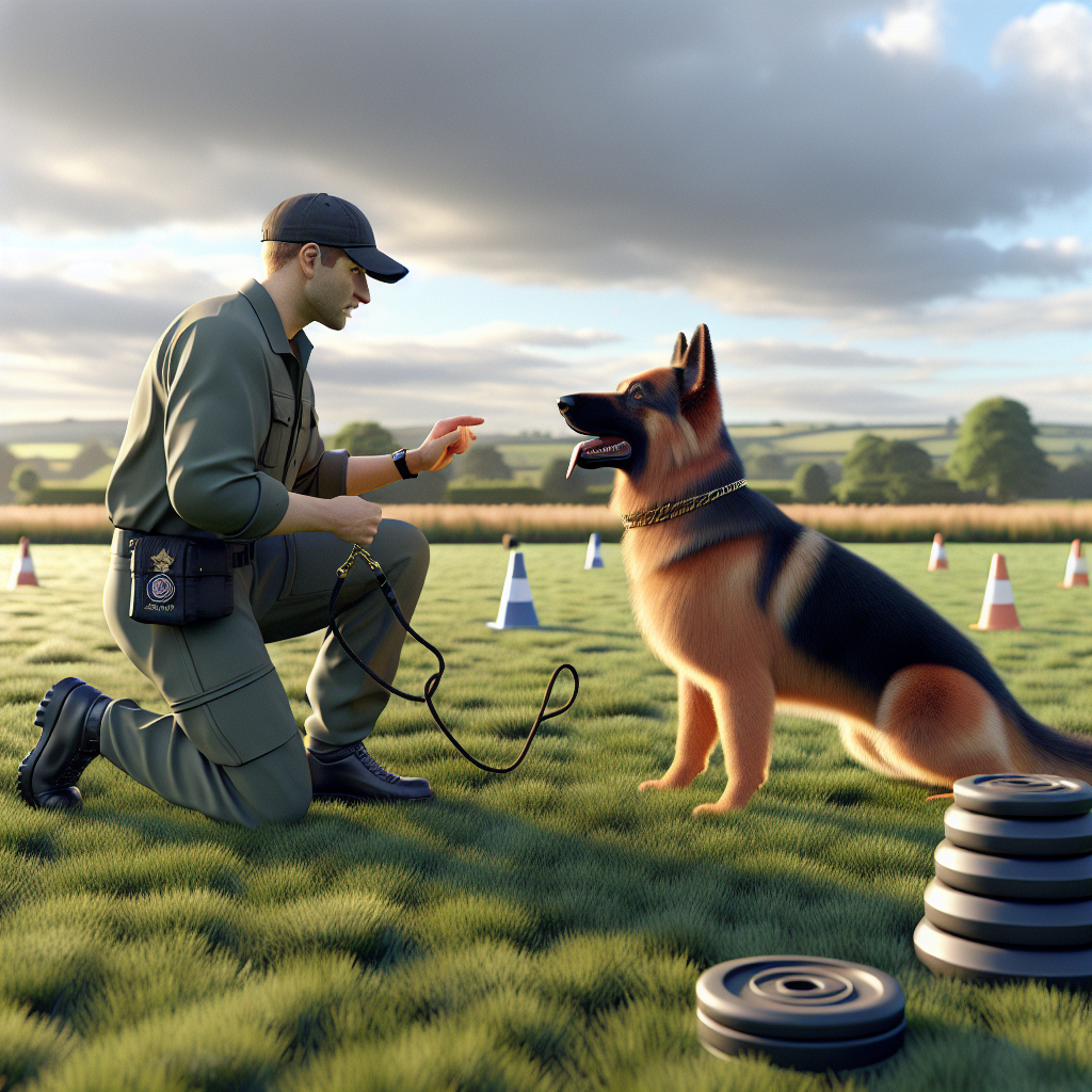 IGP trainer practising focused heeling with a German Shepherd beside cones and a dumbbell on a UK field