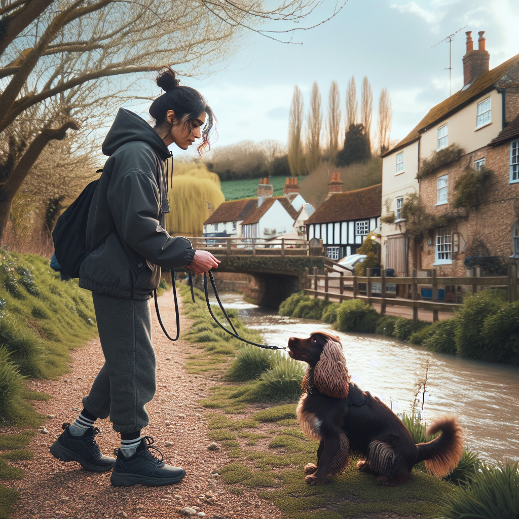 Trainer practising recall with a spaniel near creekside paths and orchards in a UK town