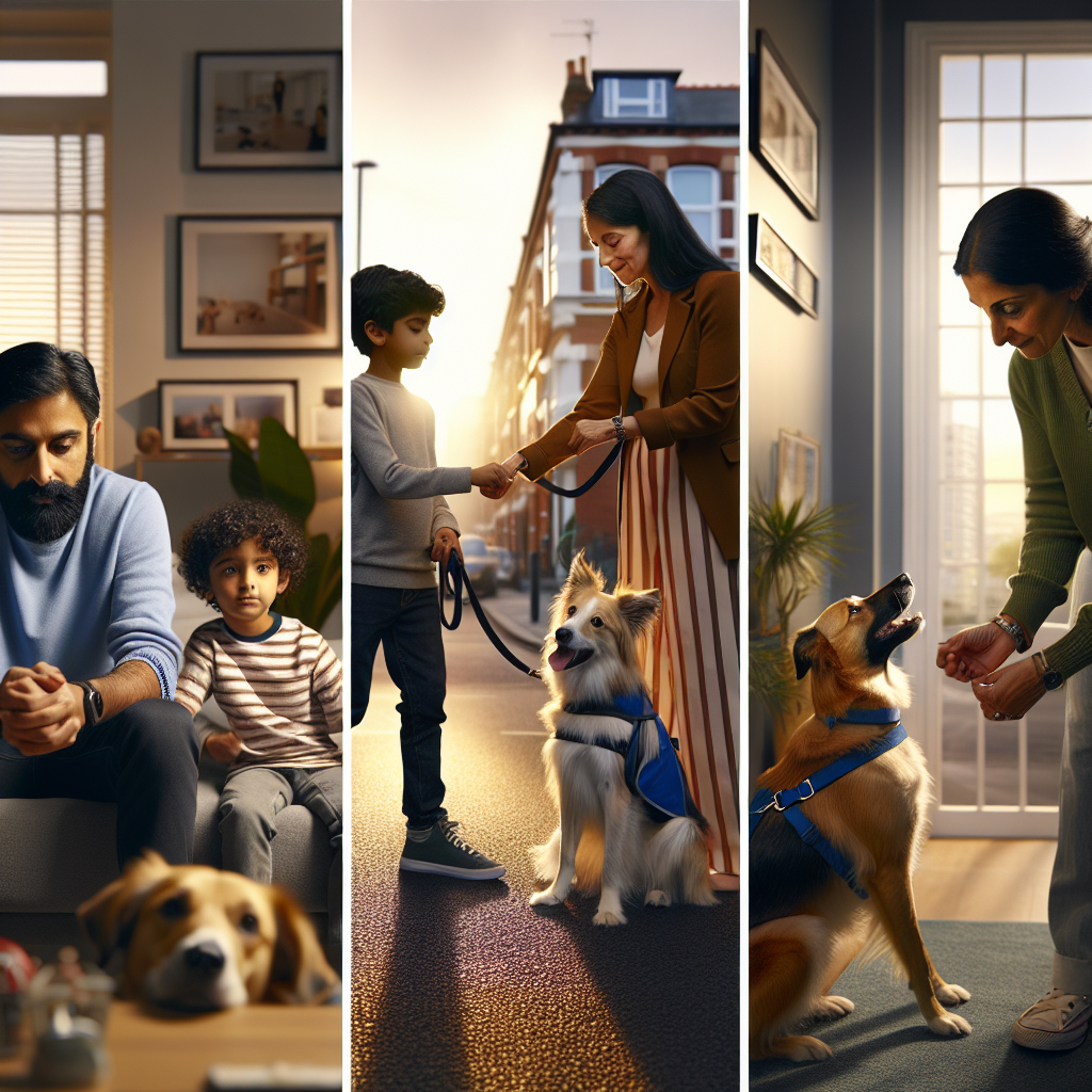 Trainer guiding a mixed breed dog to heel and settle across home, street, and park environments