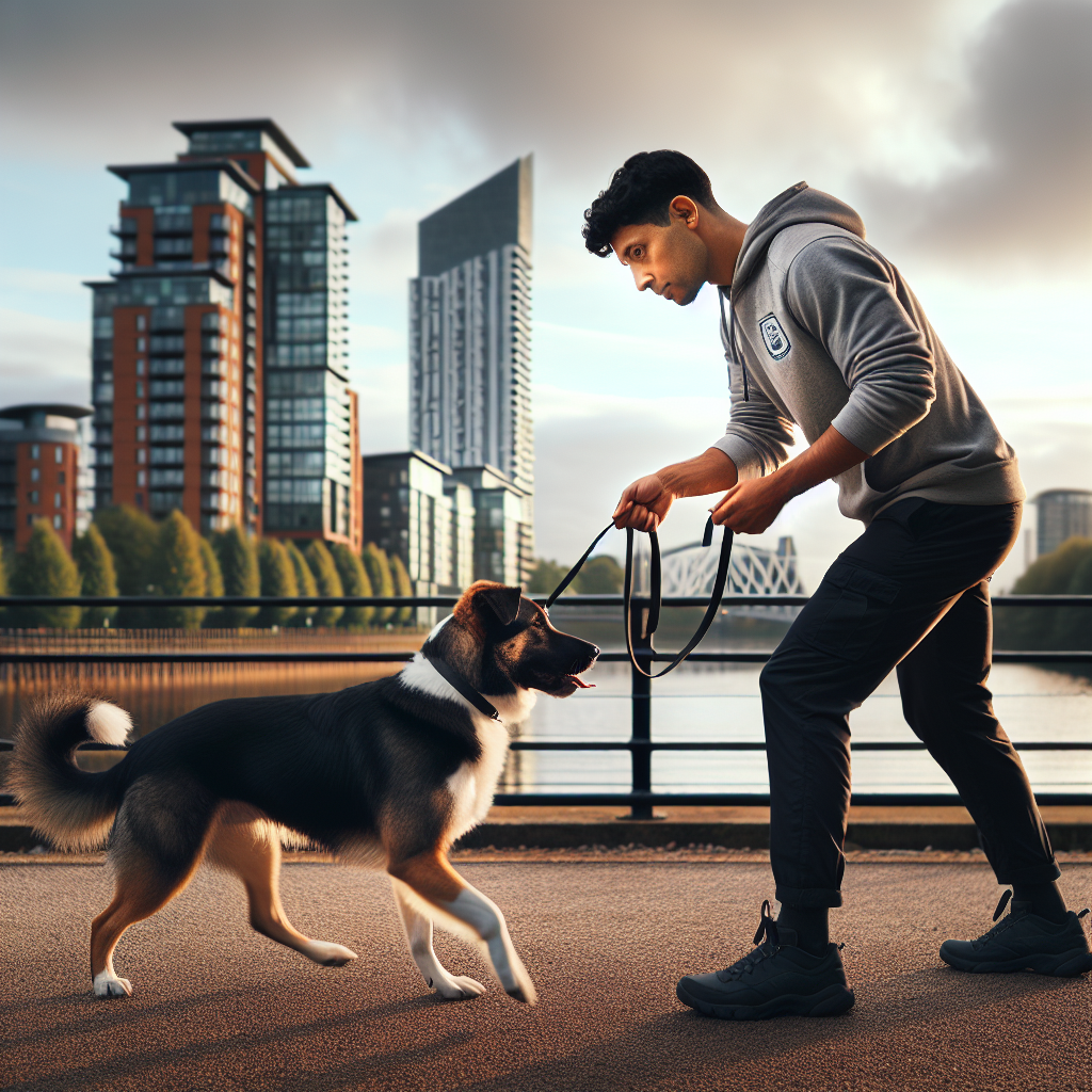 Smart trainer teaching recall to a mixed breed dog in a Salford park with the city skyline behind