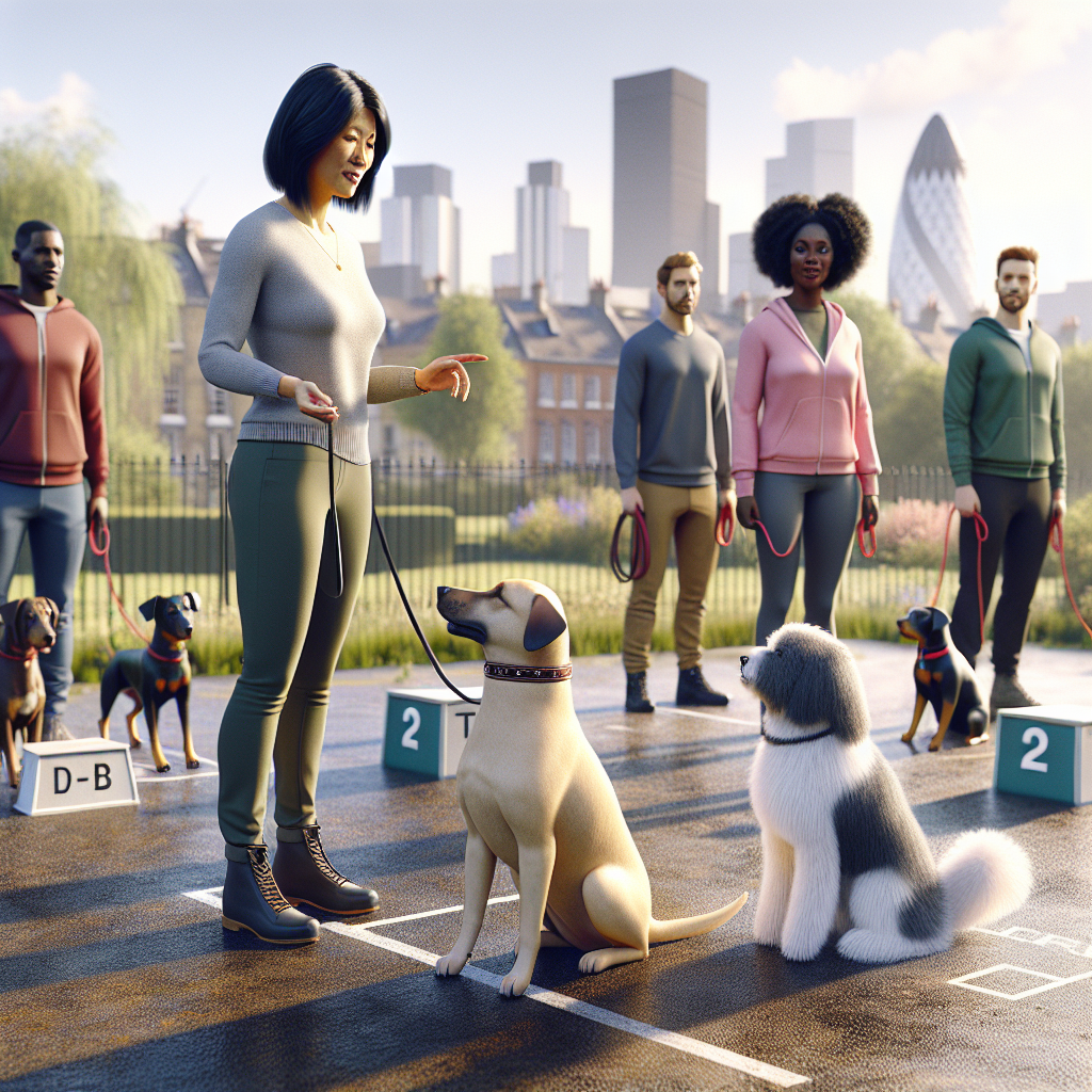 Professional trainer coaching owners and dogs in a UK park with calm loose-lead walking and mat settle drills