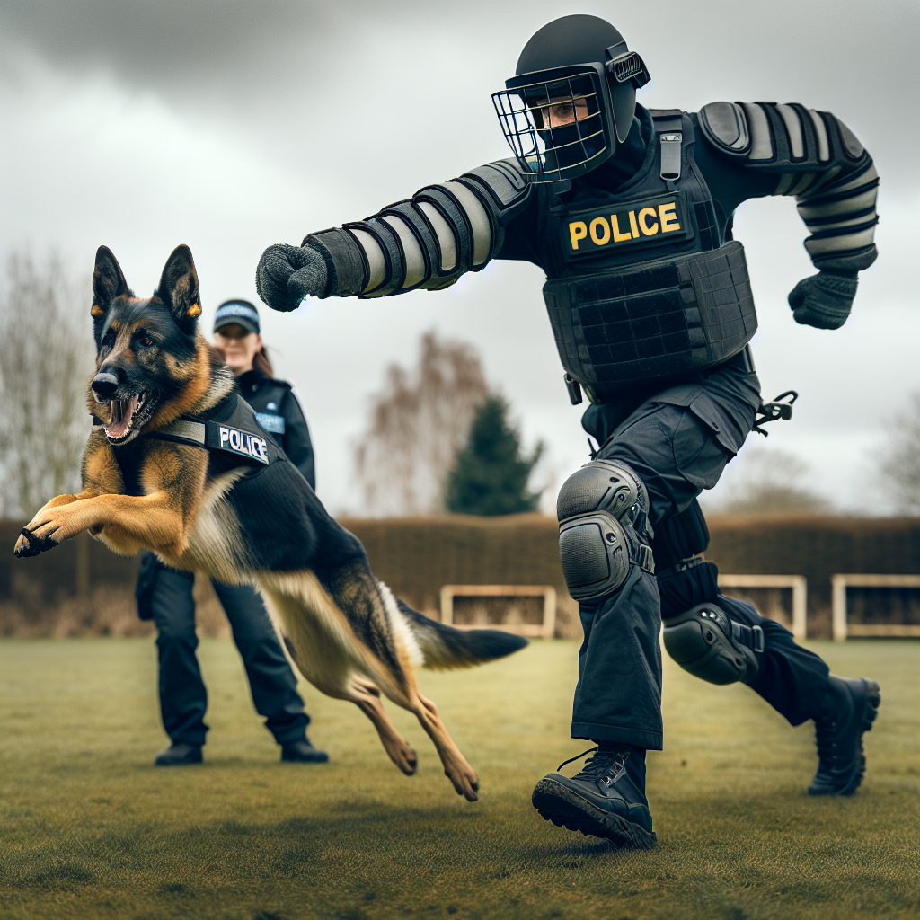 IGP helper showing precise sleeve picture and footwork as a German Shepherd commits to a clean catch on a UK training field