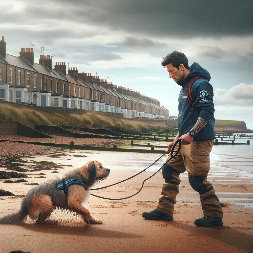 Trainer practising loose lead and recall with a mixed breed dog on a coastal path in Barrow-in-Furness