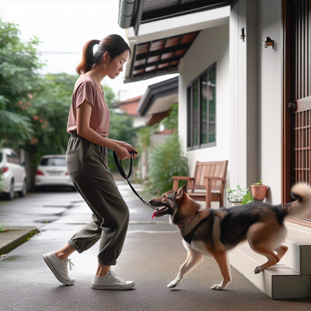 Trainer guiding a focused dog from home to street to park using calm heel and place work