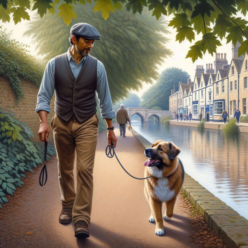 Trainer guiding a mixed breed dog on a calm heel near a leafy riverside path in a UK market town