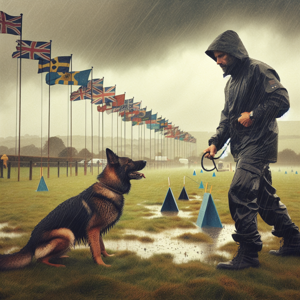 Handler and German Shepherd practising precise heeling on a damp UK trial field in light rain with wind-blown flags