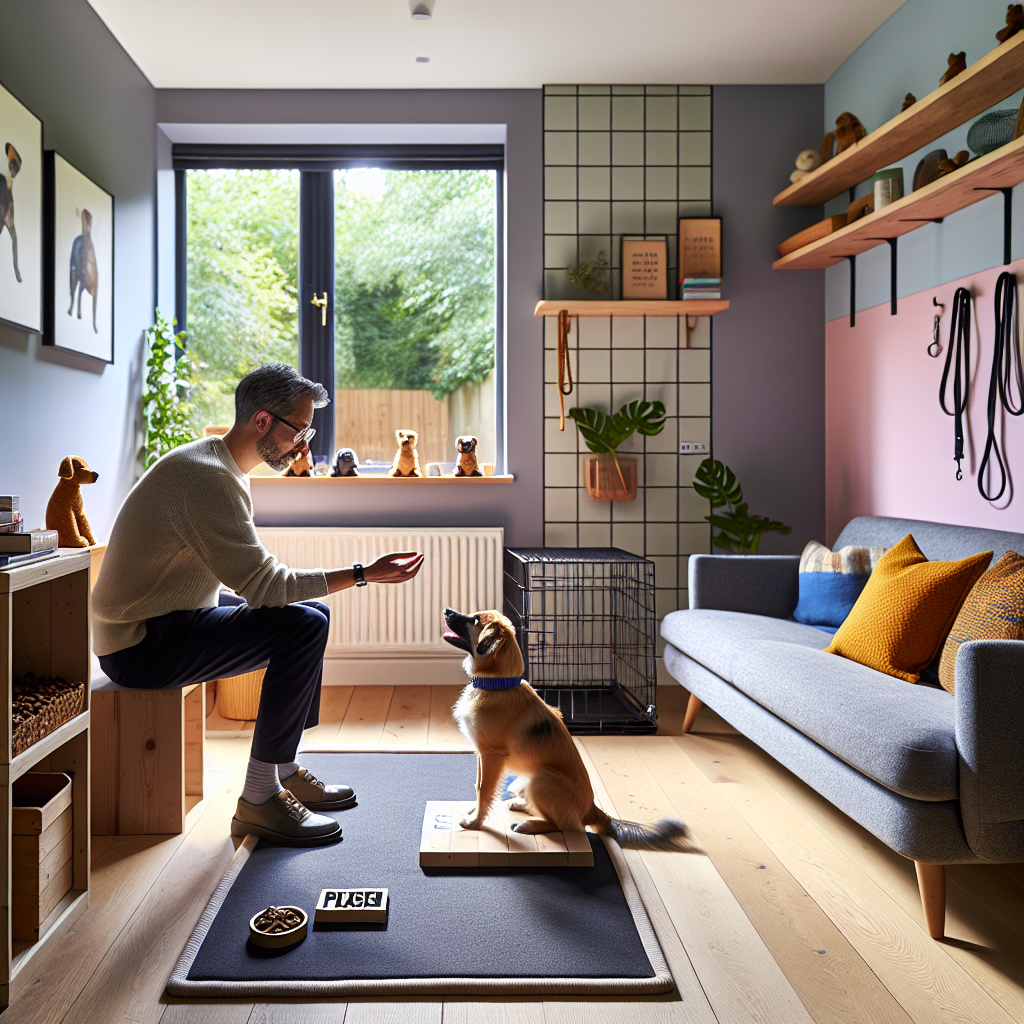 Calm dog on a place board in a tidy UK living room training space with a trainer guiding