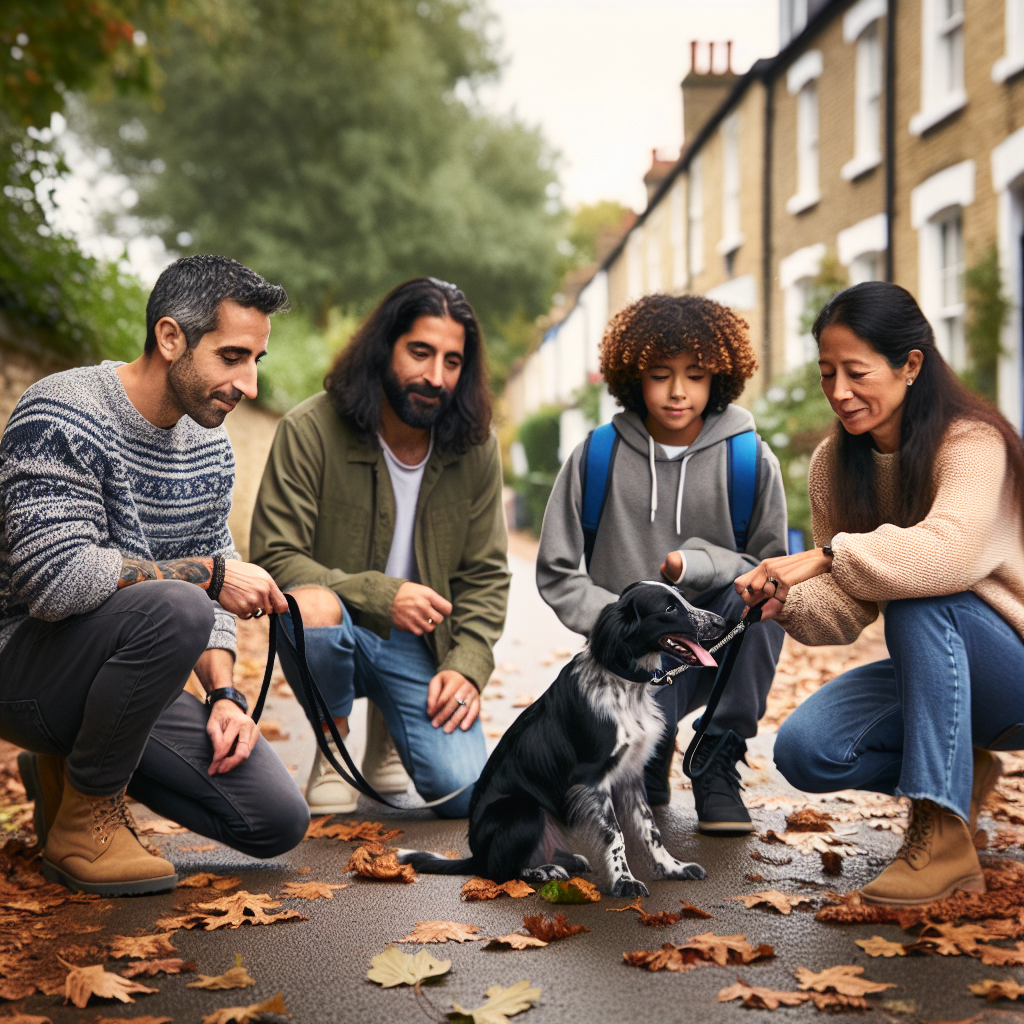 Smart trainer coaching loose lead walking and recall with a family dog on a leafy Harlow greenway