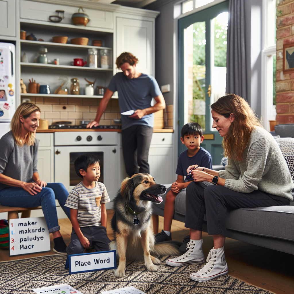 Family practising marker words and Place with a calm dog on a bed as a trainer guides them in a UK home