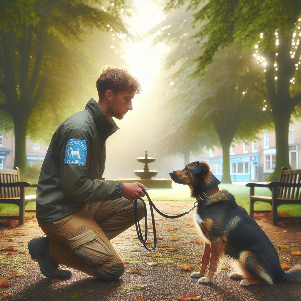 Trainer coaching a mixed breed dog on lead and place in a leafy UK town park