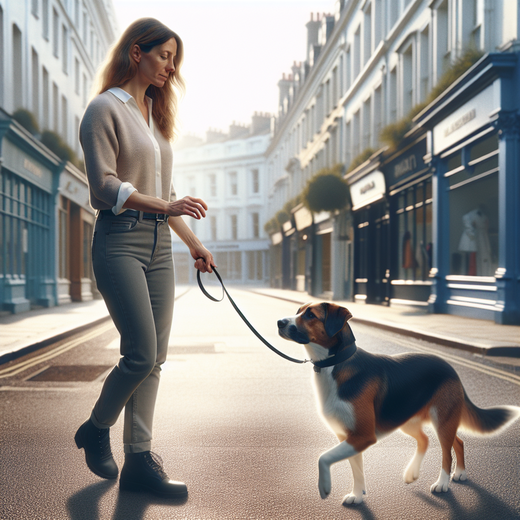 Trainer practising calm heelwork with a focused mixed breed on a quiet UK high street