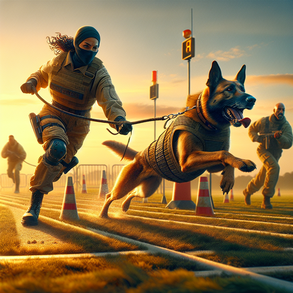 Working dog redirects between two decoys during an IGP field drill with handler guidance on a long line