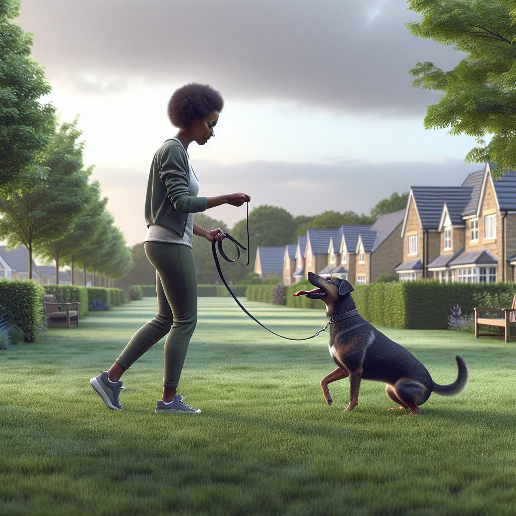 Trainer teaching focused heel to a mixed breed dog in a leafy Newton Aycliffe suburban green space