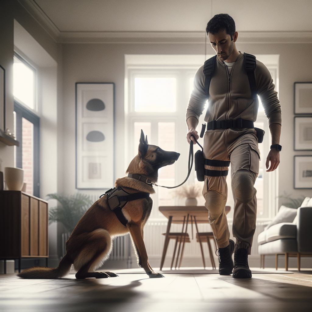 Trainer teaching a high-drive Malinois to relax on a bed using the place command in a calm UK home