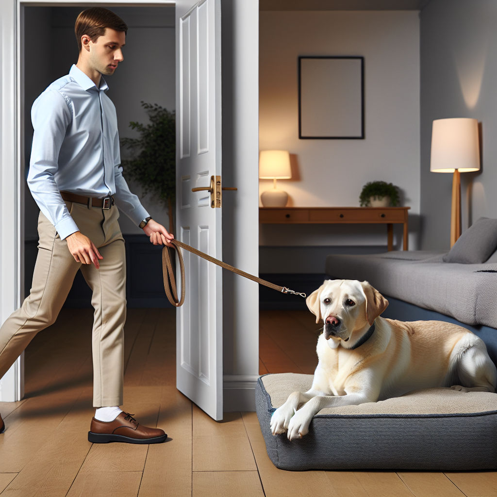 Trainer teaching a Labrador to stay calm on a bed while the handler steps out of sight in a UK home