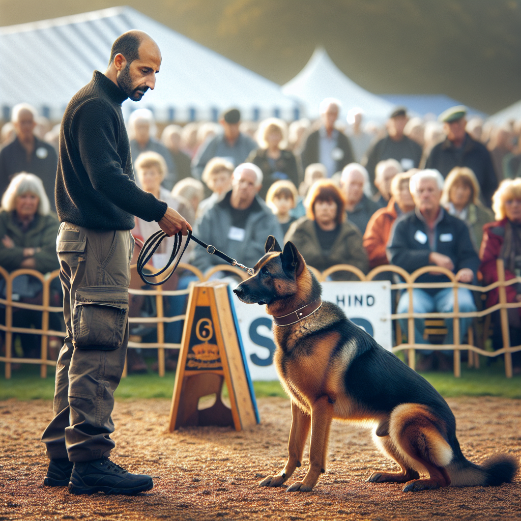 Calm UK trainer guiding a high-drive dog at a trial ring entry with focused, composed engagement