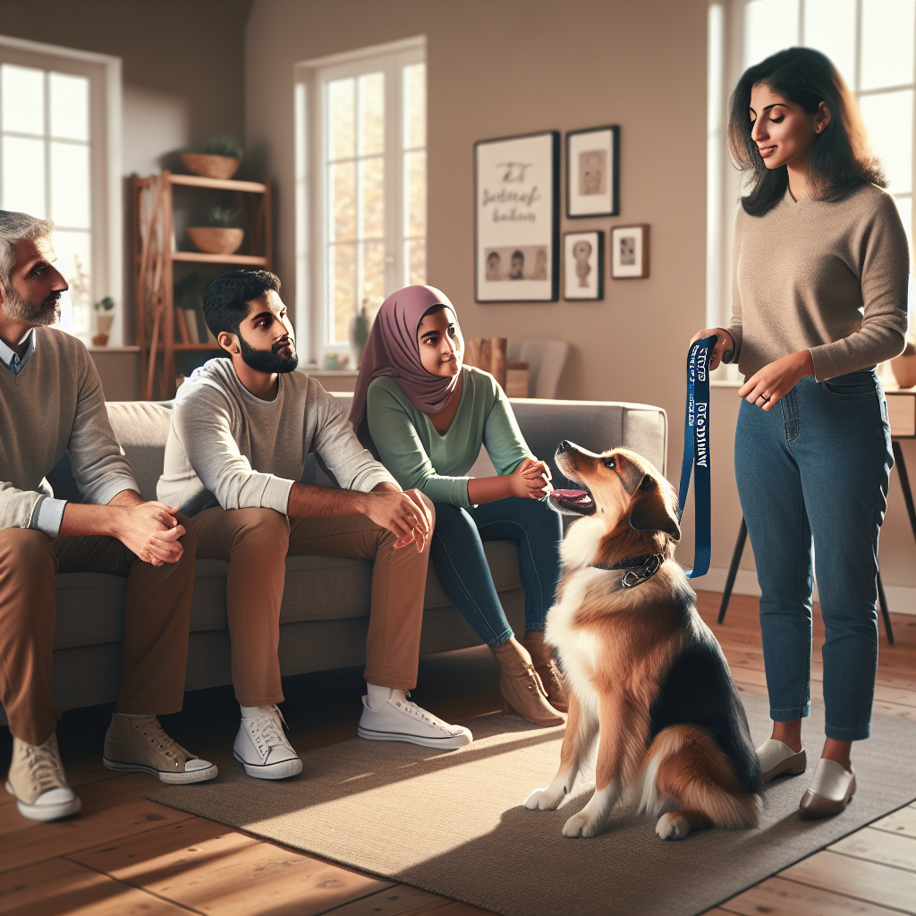 Trainer coaching a family on clear cues and release while a mixed breed dog holds a sit in a UK home