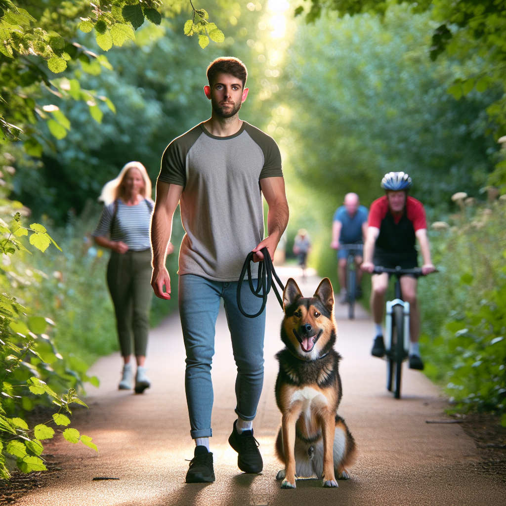 Trainer practising loose lead walking with a focused dog on a leafy path in Milton Keynes