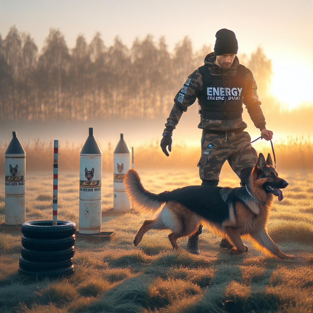 IGP trainer guiding a German Shepherd in focused heelwork on a UK field at sunrise