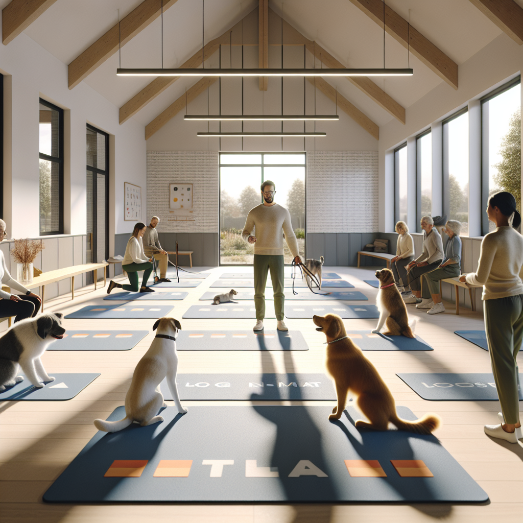 Group dog training class in a UK hall as a trainer coaches owners through settle and loose lead warmups
