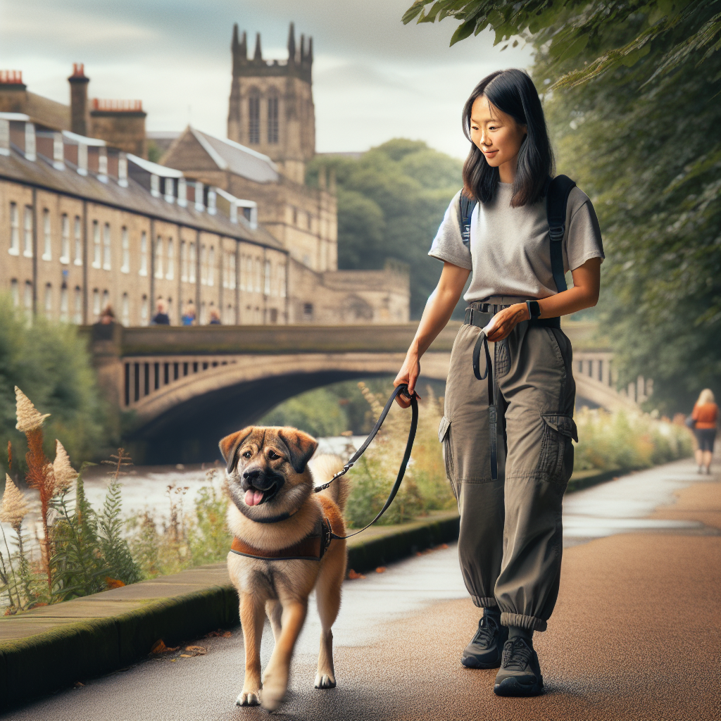 UK dog trainer practising loose lead walking with a mixed breed dog on a leafy riverside path in a historic city